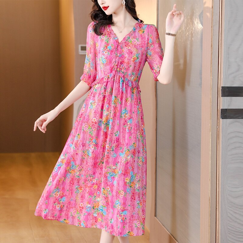 Summer Magnanimous Mulberry Silk V-Neck Dress