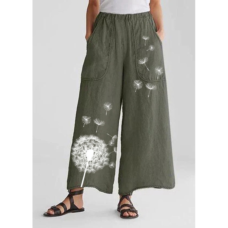 Tea Green-dandelion Cotton Linen Loose Wide Leg Casual Pants