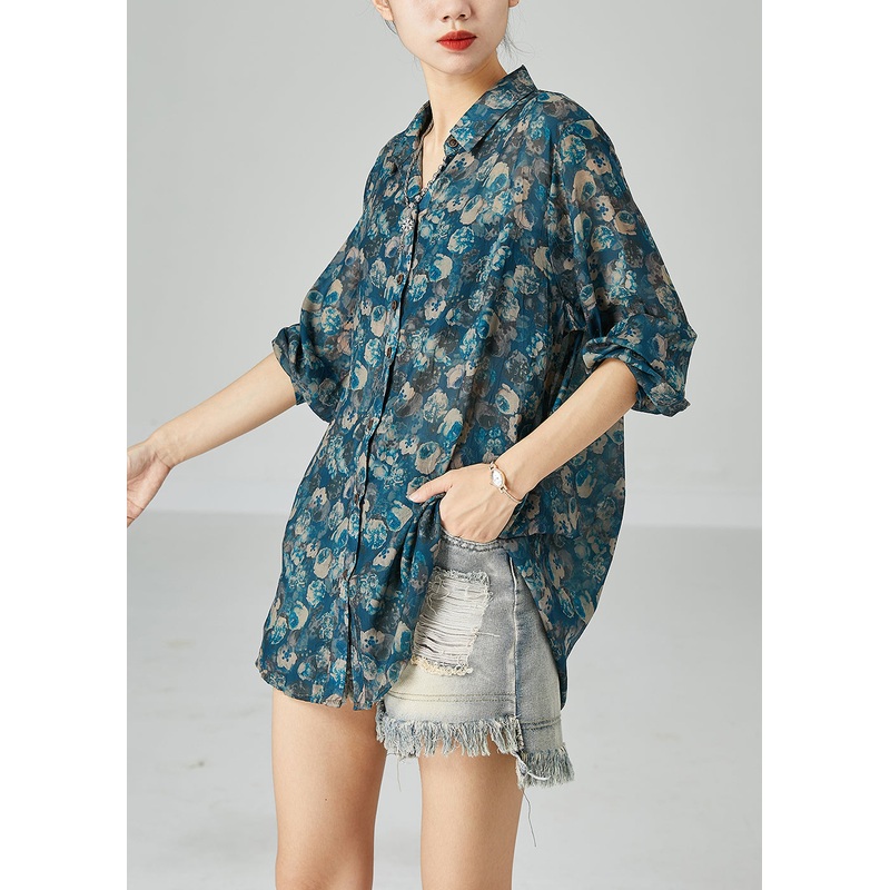 Unique Blue Peter Pan Collar Oversized Print Cotton Shirts Spring