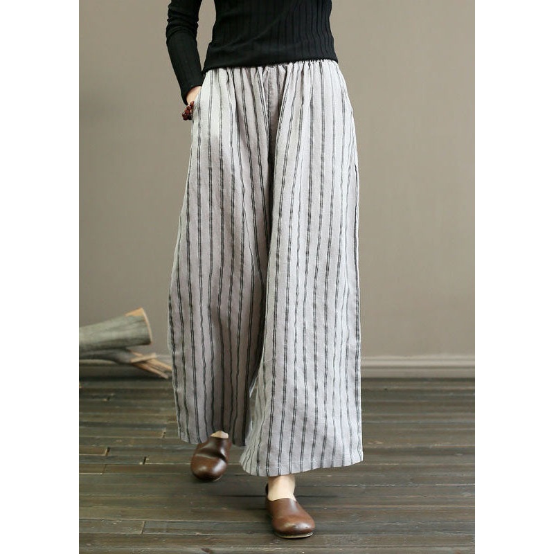 Unique Light Grey Elastic Waist Oversized Striped Linen Pants Trousers