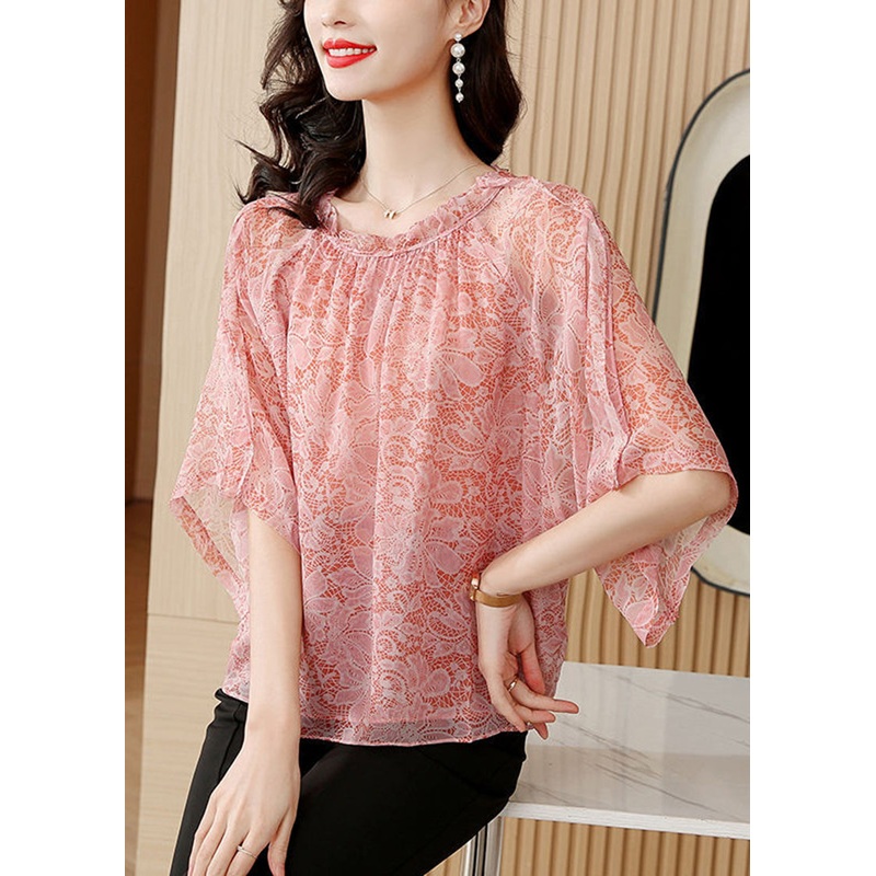 Unique Pink Ruffled Oversized Print Chiffon Shirts Batwing Sleeve