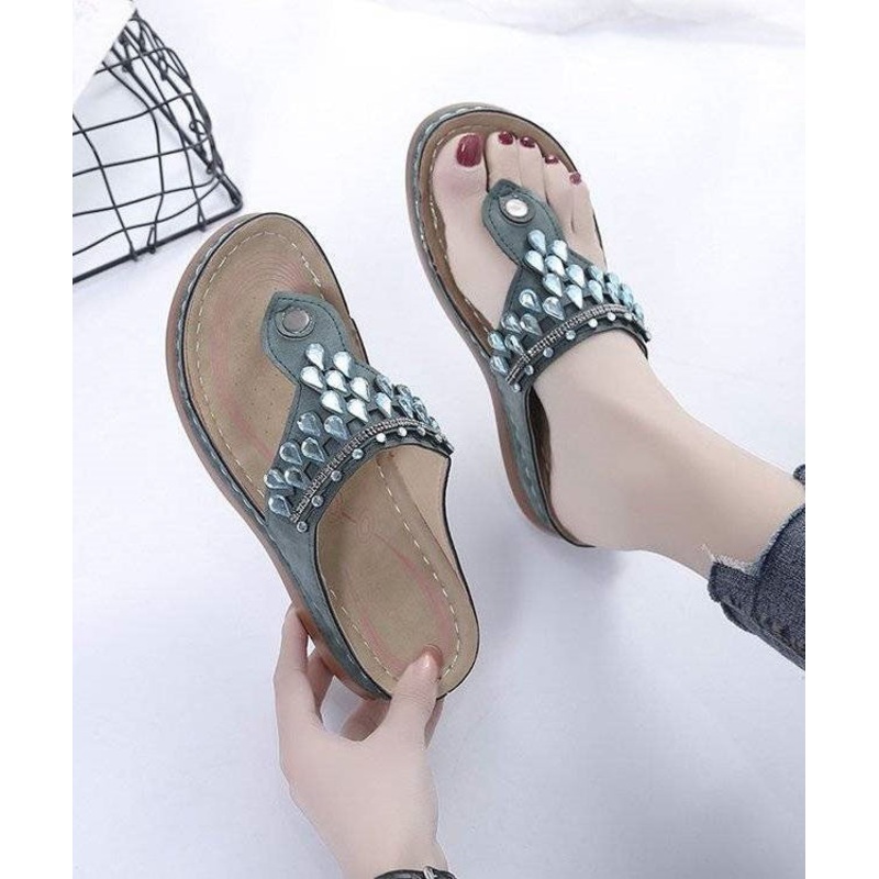 Unique Zircon Splicing Wedge Thong Sandals Green Faux Leather
