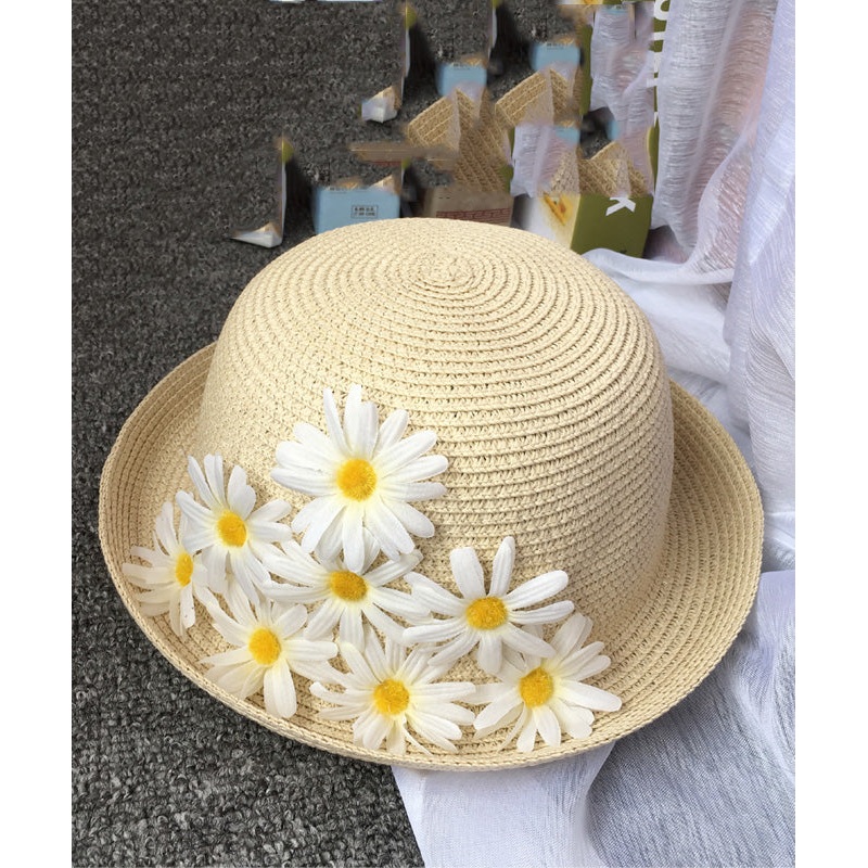 Vintage Beige Daisy Straw Woven Floppy Sun Hat