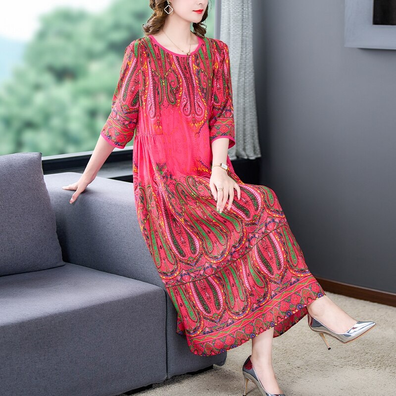 Vintage O-Neck Rose Satin Decorative Dress