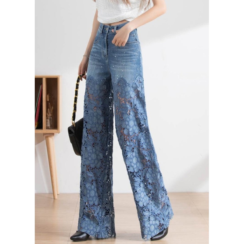 Vogue Blue Lace Patchwork Hollow Out High Waist Denim Pants