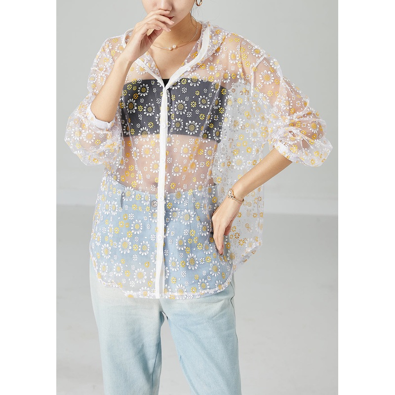 White Hollow Out Tulle UPF 50+ Coat Jacket Hooded Print Summer