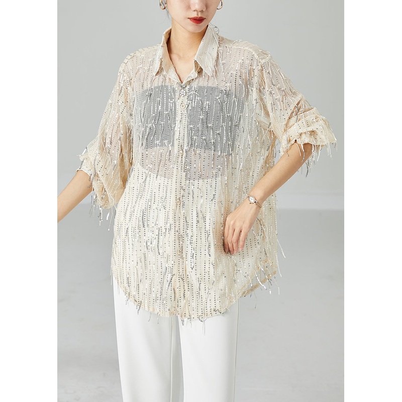 Women Apricot Sequins Tassel Tulle UPF 50+ Shirt Top Summer