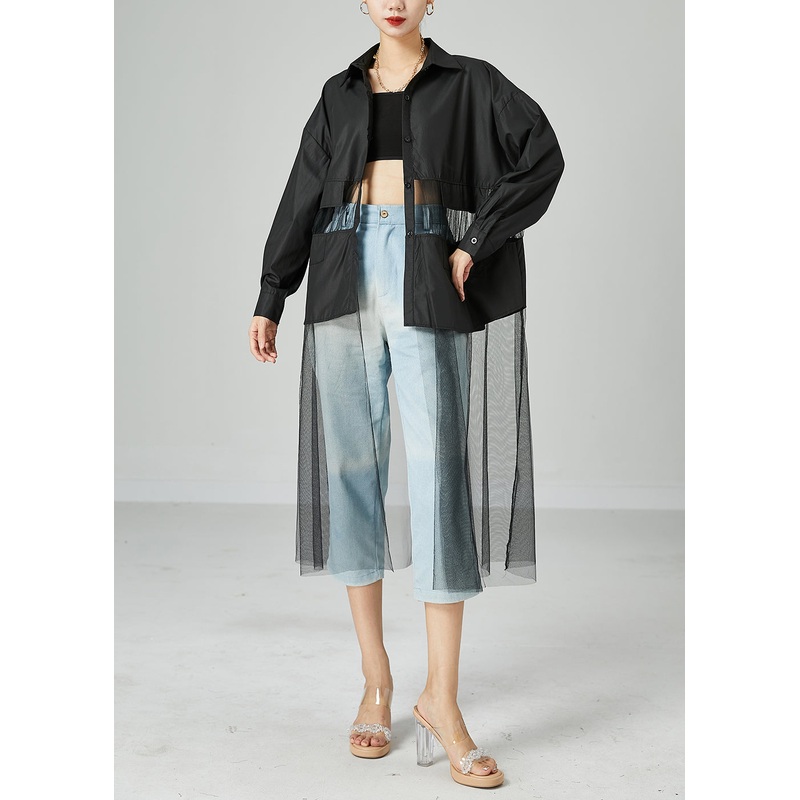 Women Black Oversized Tulle Patchwork Hollow Out Cotton Long Coat Summer