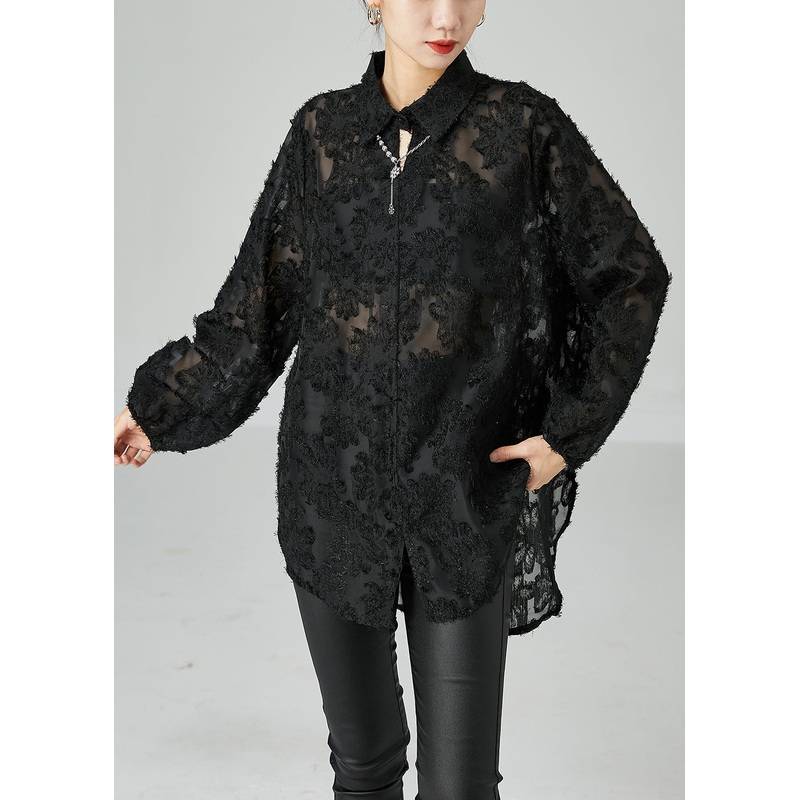 Women Black Peter Pan Collar Oversized Lace Long Shirts Summer