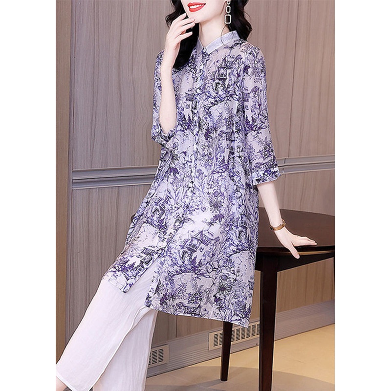 Women Blue Oversized Print Cotton Long Shirt And Pant Two Pieces Set Summer