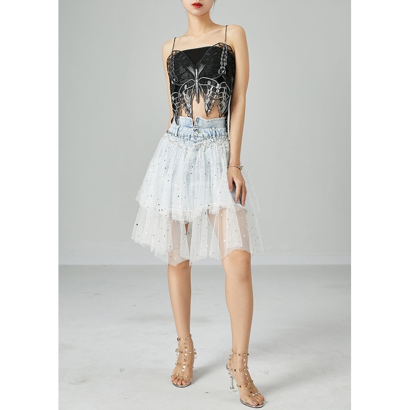 Women Light Blue Elastic Waist Tulle Patchwork Denim Skirts Summer