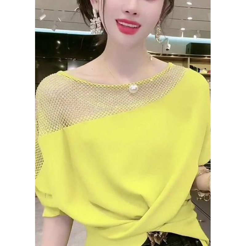 Women Yellow Asymmetrical Patchwork Hollow Out Cotton Tops Summer
