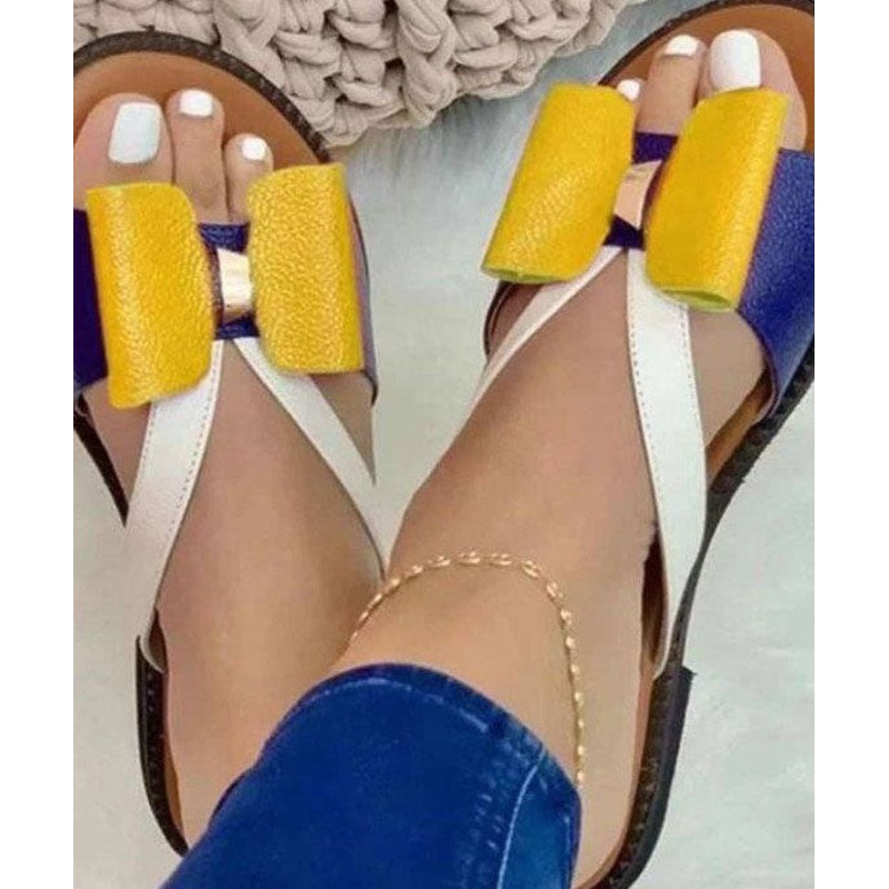 Yellow Peep Toe Faux Leather Vintage Splicing Bow Slide Sandals