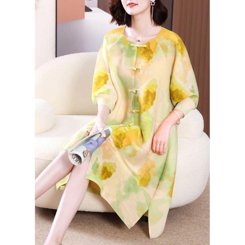 Yellow Print Long Dresses Chinese Button Side Open Summer