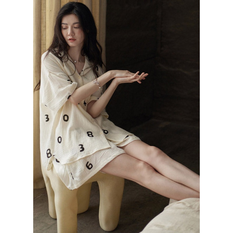 Art Beige Peter Pan Collar Animal Print Cotton Pajamas Two Pieces Set Short Sleeve