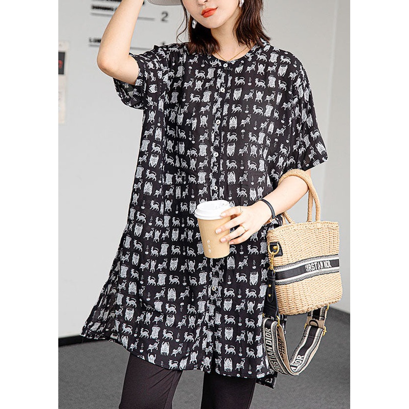 Art Black O Neck Print Patchwork Chiffon Blouses Short Sleeve