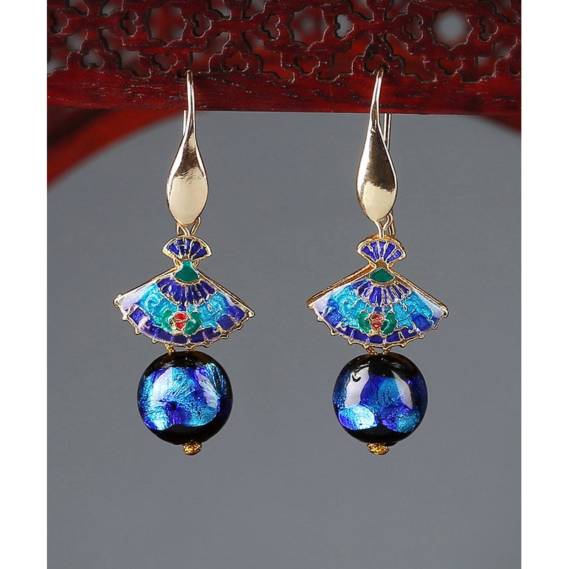 Art Blue Copper Cloisonne Coloured Glaze Fan Drop Earrings