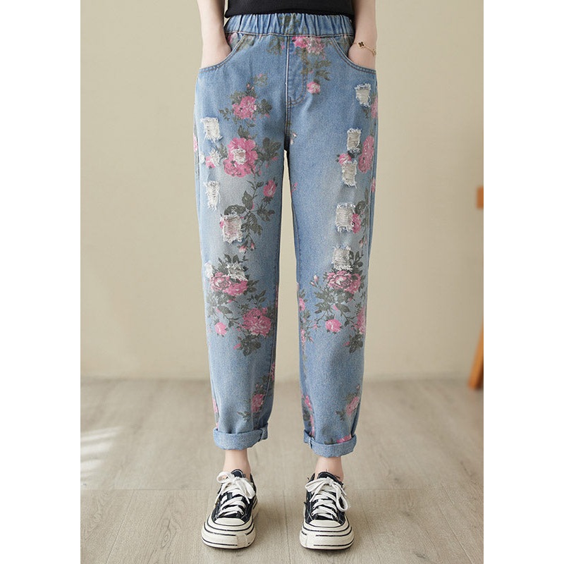Beautiful Blue Print High Waist Denim Harem Pants