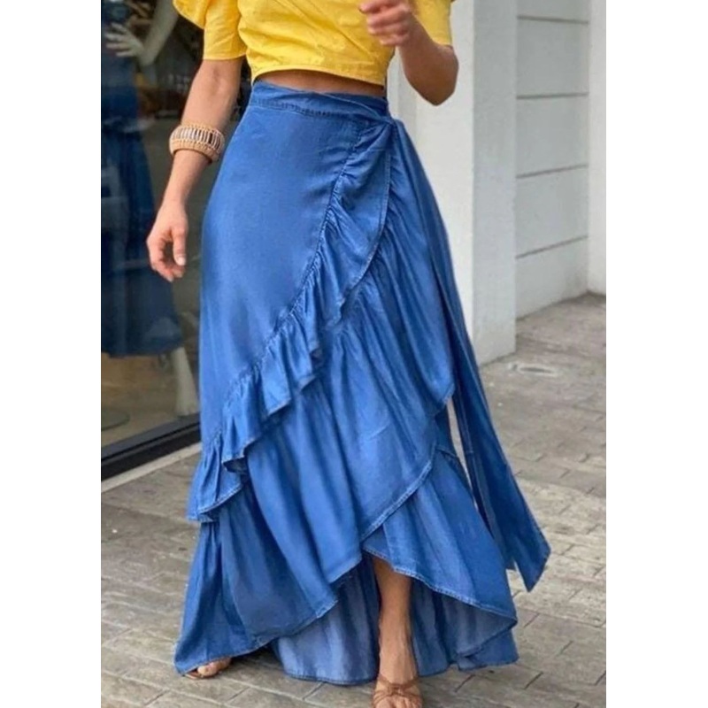 Bohemian Blue Ruffled Tie Waist Patchwork Denim Skirts Summer
