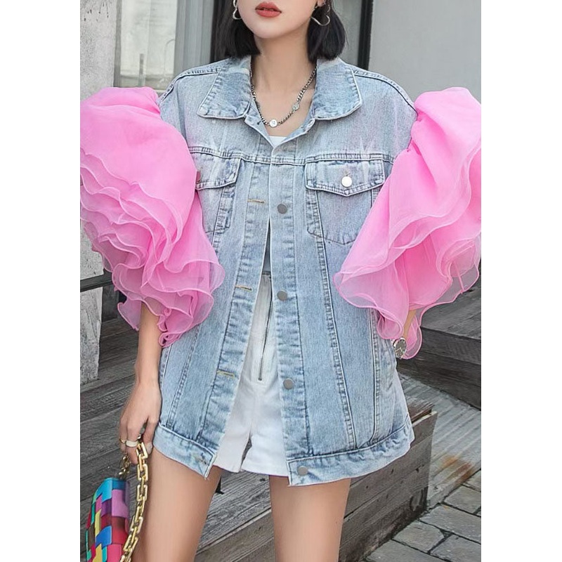 Bohemian Light Blue Tulle Ruffled Patchwork Denim Top Summer