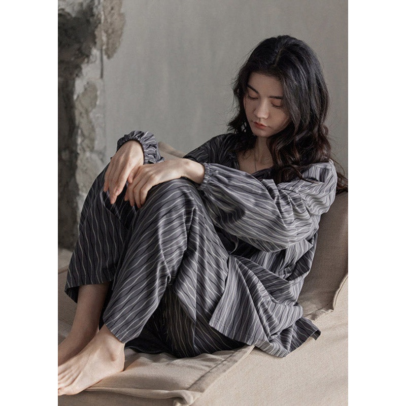 Bohemian Peter Pan Collar Striped Button Cotton Pajamas Two Pieces Set Spring