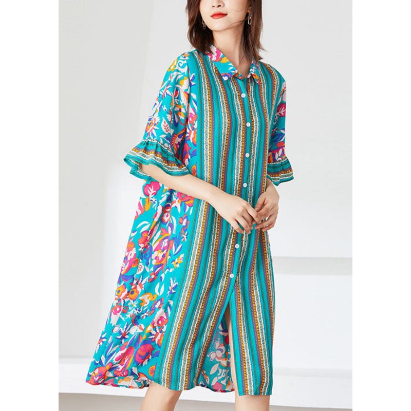 Boho Blue Peter Pan Collar Print Patchwork Cotton Holiday Dress Summer
