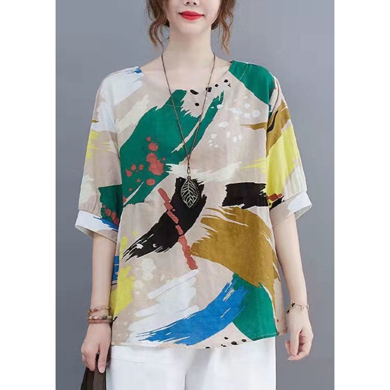 Boho Colorblock O Neck Patchwork Linen T Shirt Summer