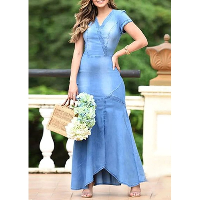 Boutique Light Blue V Neck Patchwork Slim Denim Dresses Summer