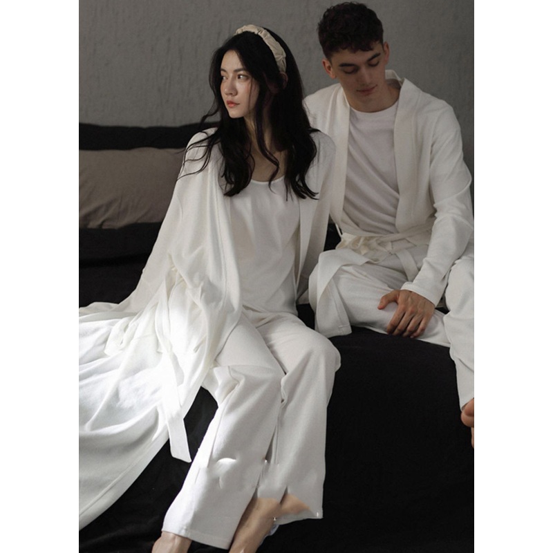 Brief White V Neck Tie Waist Solid Cotton Couple Pajamas Two Piece Set Spring
