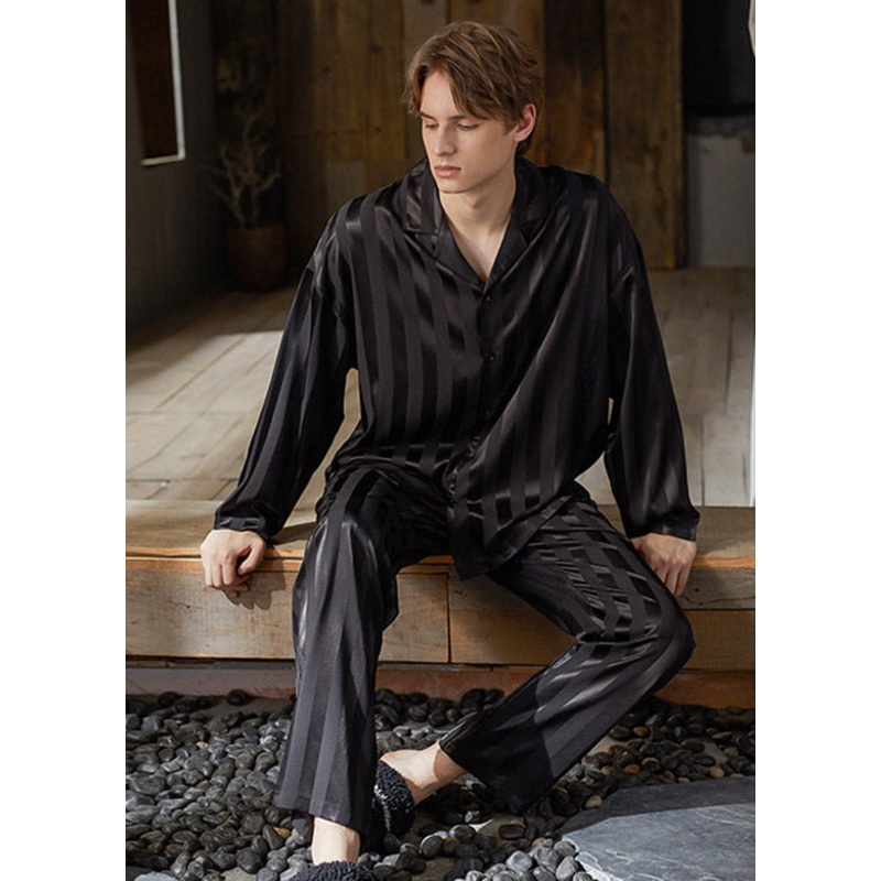 Casual Black Peter Pan Collar Striped Button Ice Silk Pajamas Two Pieces Set Spring