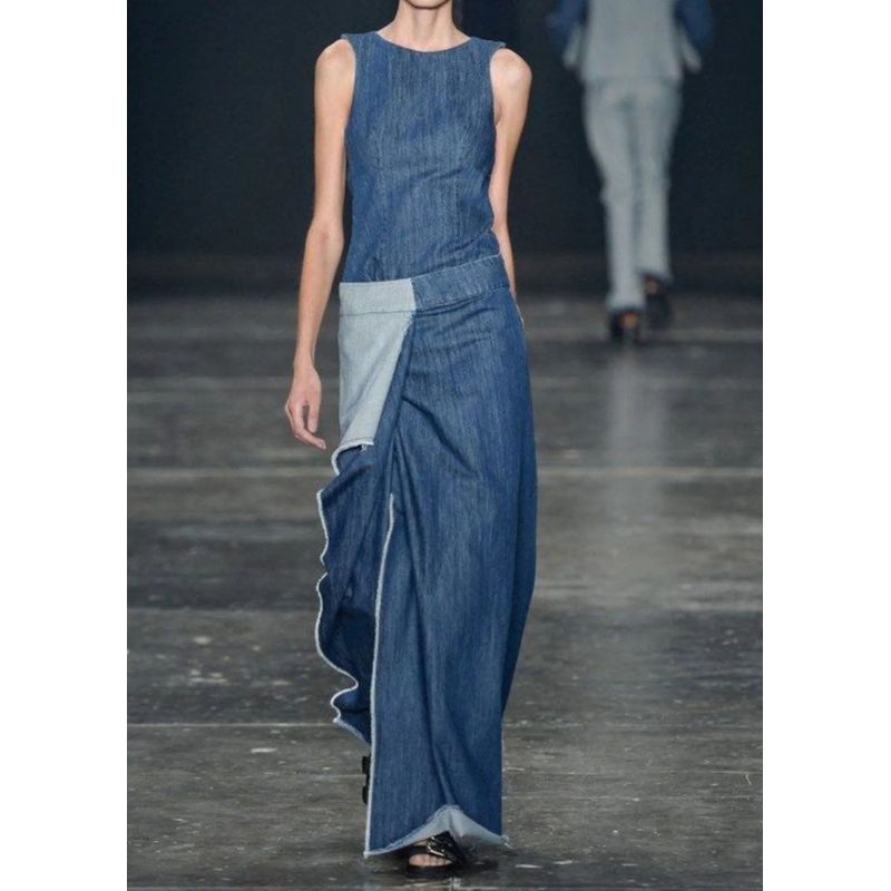 Casual Blue Ruffled Patchwork Long Denim Dresses Sleeveless