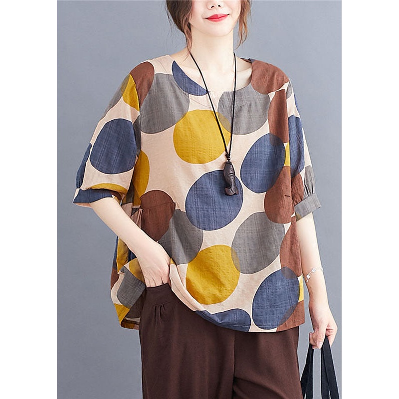 Casual Coffee O Neck Print Patchwork Cotton T Shirts