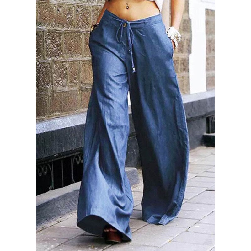Casual Light Blue Pockets Patchwork Denim Wide Leg Pants