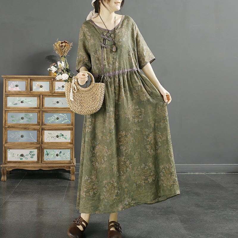 Casual Retro Floral Loose Linen Dress
