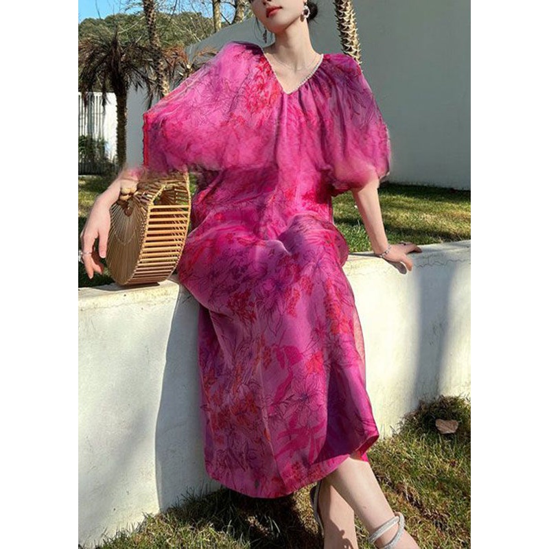 Casual Rose V Neck Print Silk Long Dresses Puff Sleeve