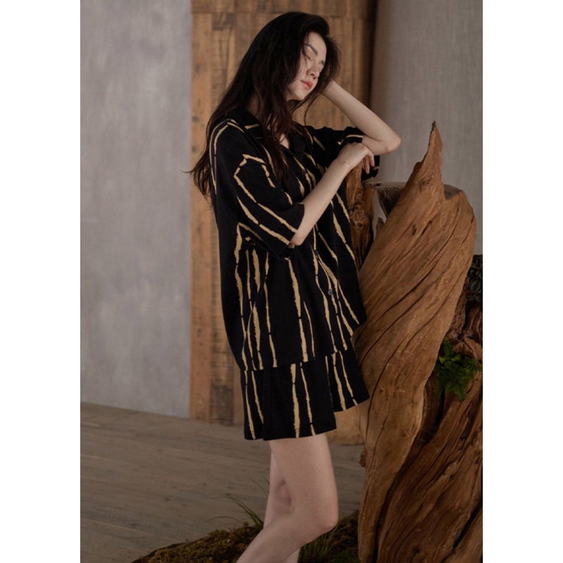 Casual Yellow Striped Button Cotton Pajamas Two Pieces Set Summer