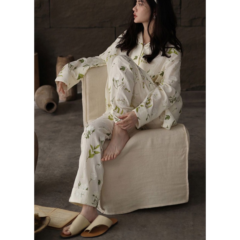 Chic Beige Print Button Low High Design Cotton Pajamas Two Piece Set Long Sleeve