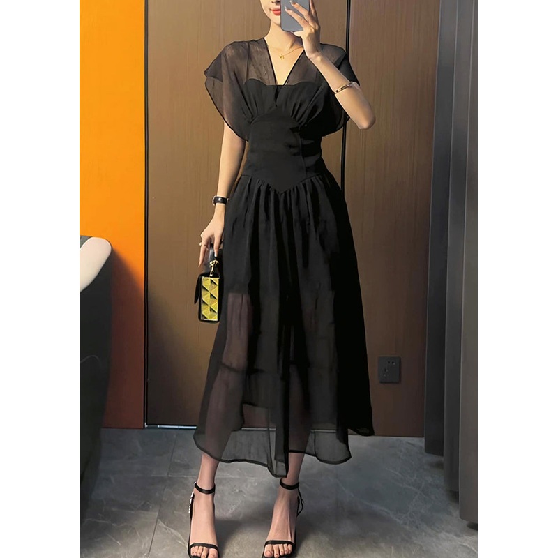 Chic Black V Neck Elastic Waist Solid Tulle Maxi Dress Summer