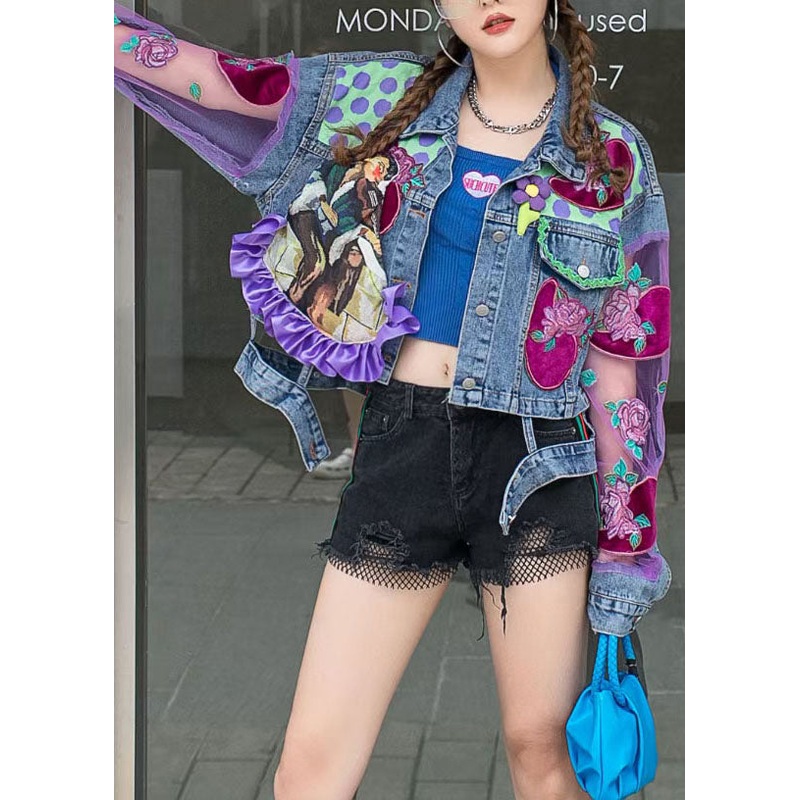 Chic Blue Ruffled Tulle Embroideried Patchwork Denim Jacket Spring