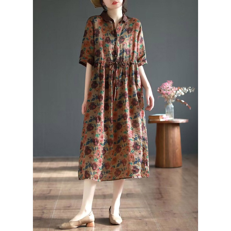 Coffee Patchwork Tie Waist Vacation Maxi Dress