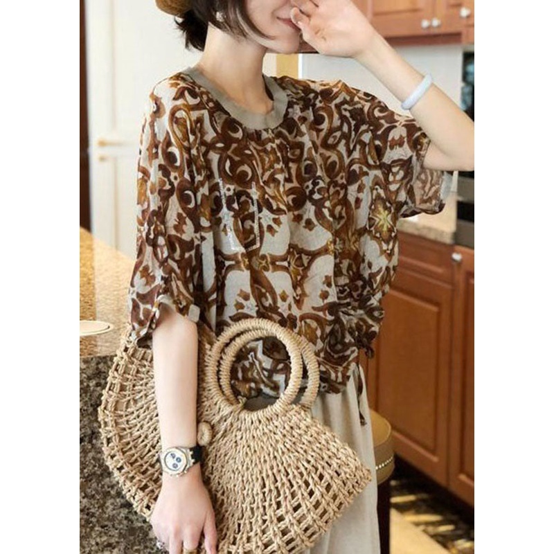 Coffee Print Patchwork Cotton Top O Neck Zircon Wrinkled Summer