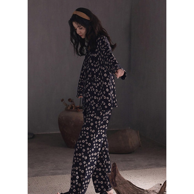 DIY Peter Pan Collar Print Button Cozy Cotton Pajamas Two Pieces Set Spring