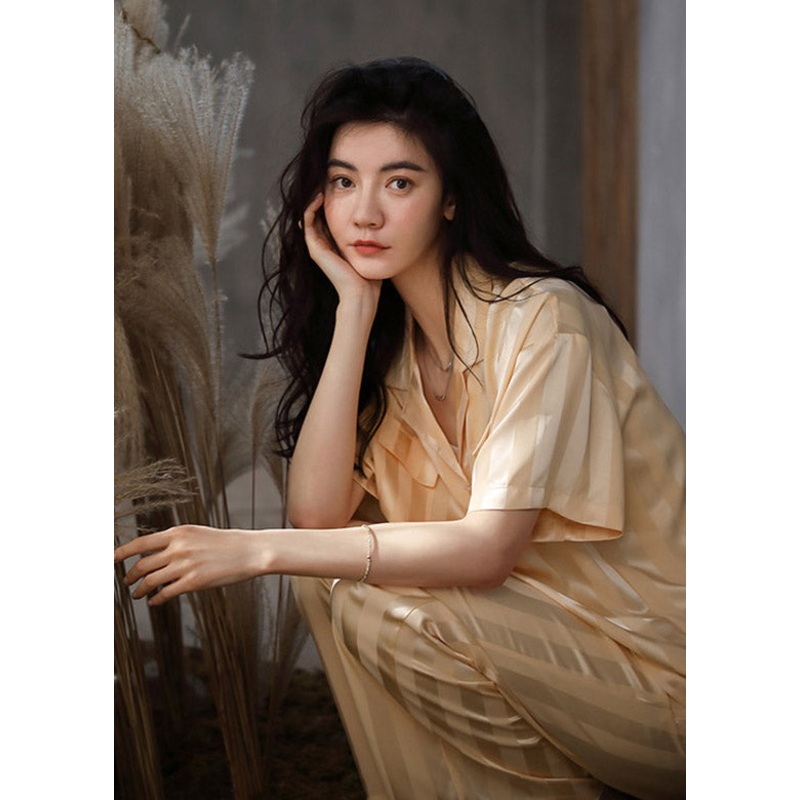 Elegant Yellow Striped Peter Pan Collar Button Ice Silk Pajamas Two Pieces Set Short Sleeve