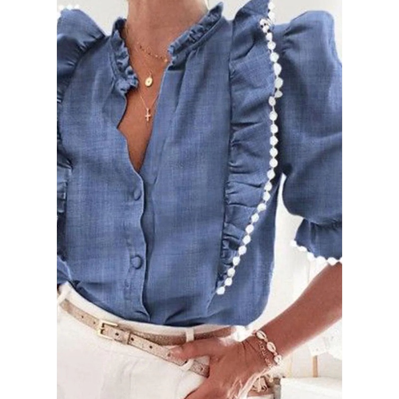Fashion Blue Ruffled Patchwork Denim Top Short Sleeve