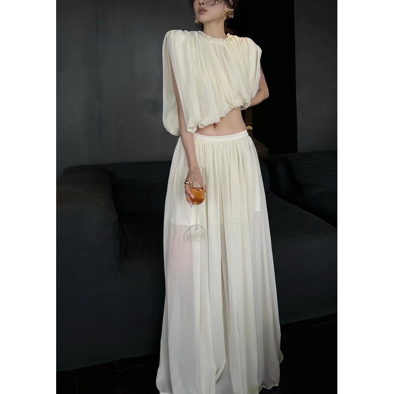 Fine Apricot Asymmetrical Chiffon Top And Maxi Skirts Two Piece Set Sleeveless