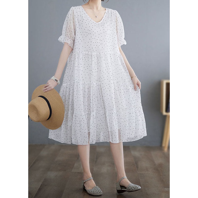 Fine White V Neck Wrinkled Dot Patchwork Chiffon Dress