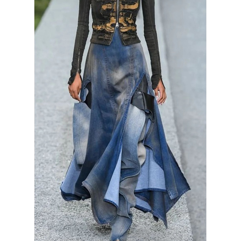 French Blue Asymmetrical Patchwork Denim Skirts Summer