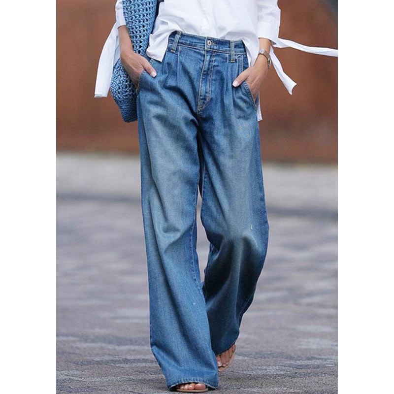 French Blue Pockets Patchwork High Waist Denim Trousers