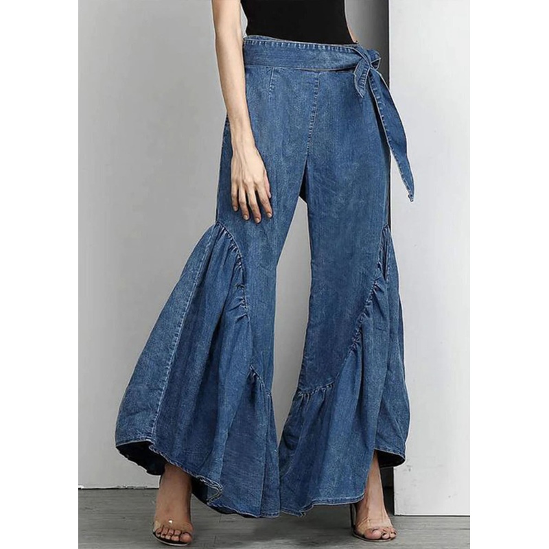 Italian Blue Ruffled Bow Waist Patchwork Denim Pants Summer