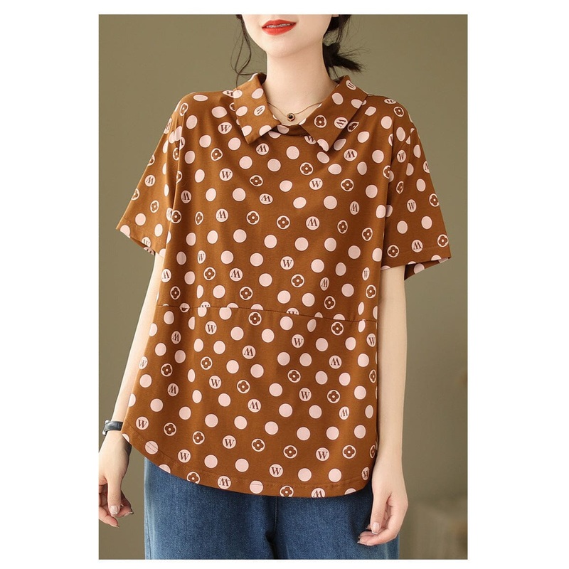 Loose Casual Polka Dot Print Polo Neck Top